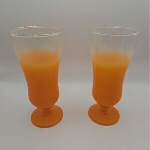 Vintage Set of 2 Blendo Orange Parfait Glasses Gold Rim Frosted Glassware
